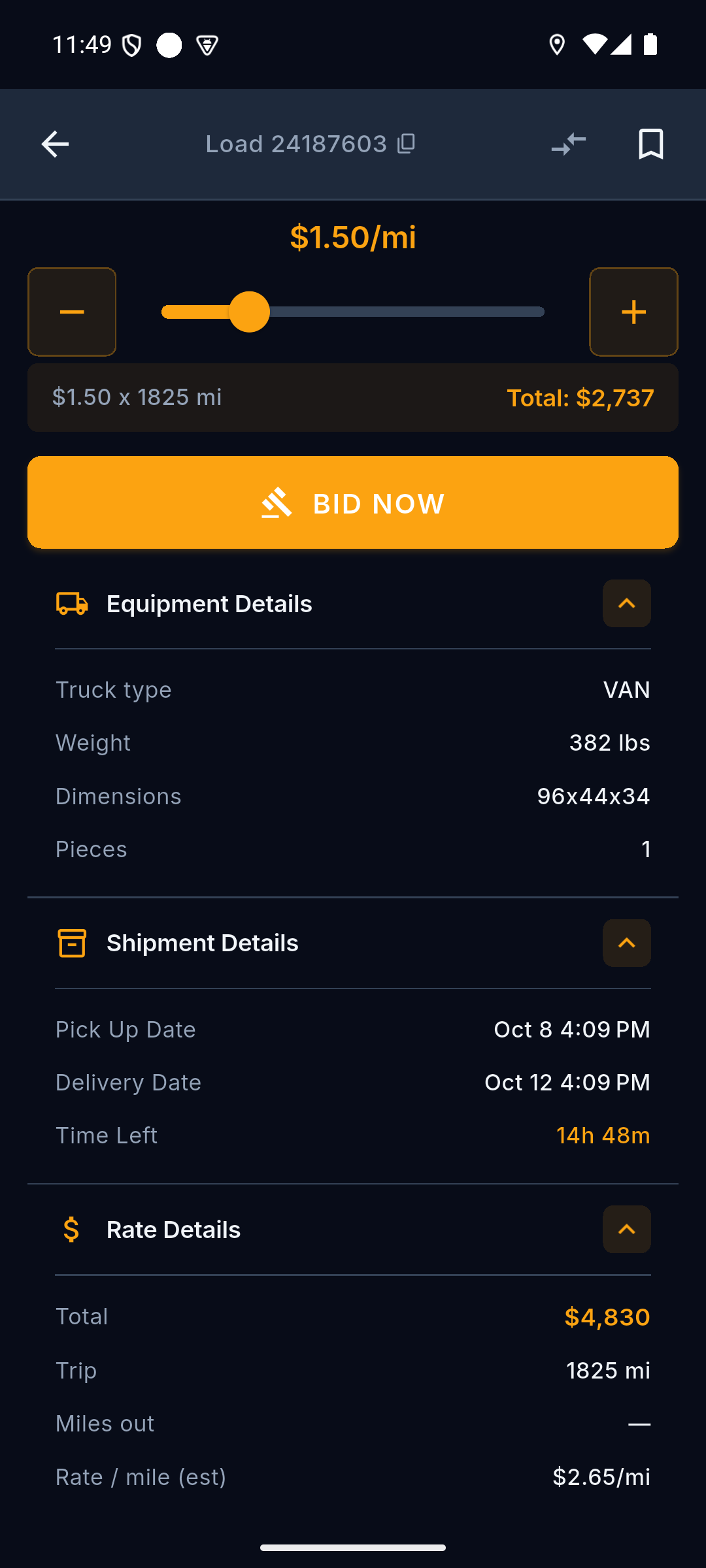 CargoAI bid screen — enter your direct price on the keypad