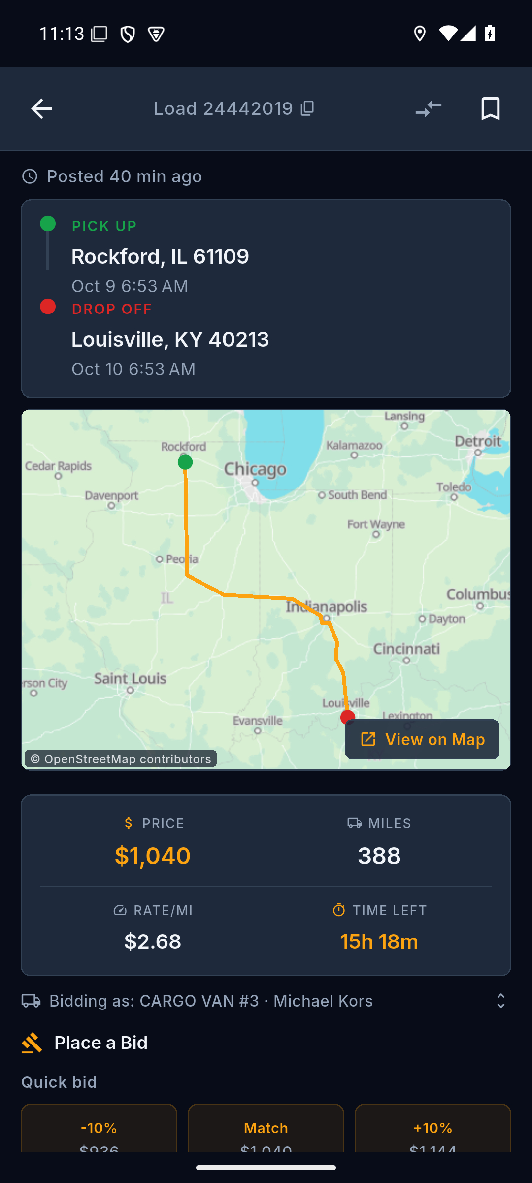 CargoAI load details — pickup, drop-off, route map, miles and time left