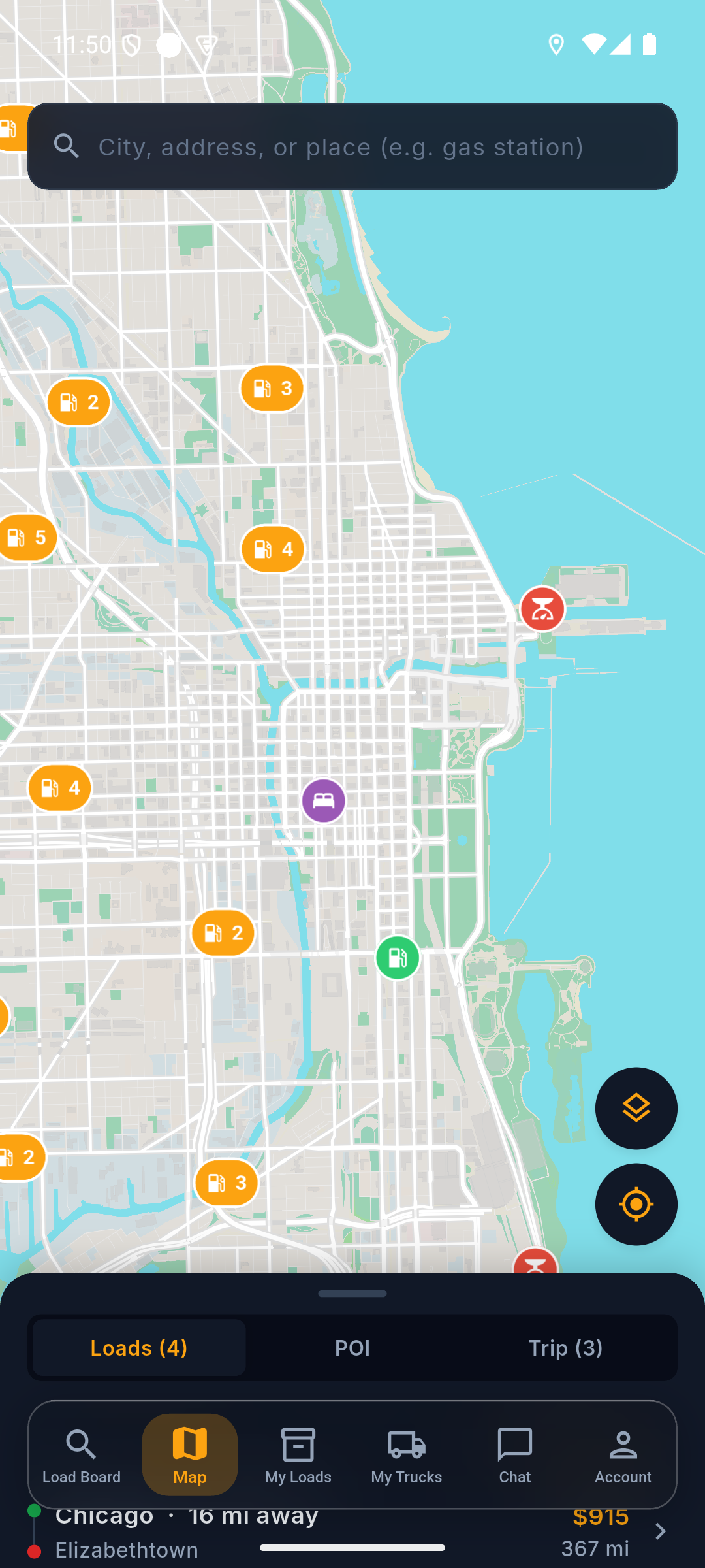 CargoAI map view — load clusters near you with rates and miles