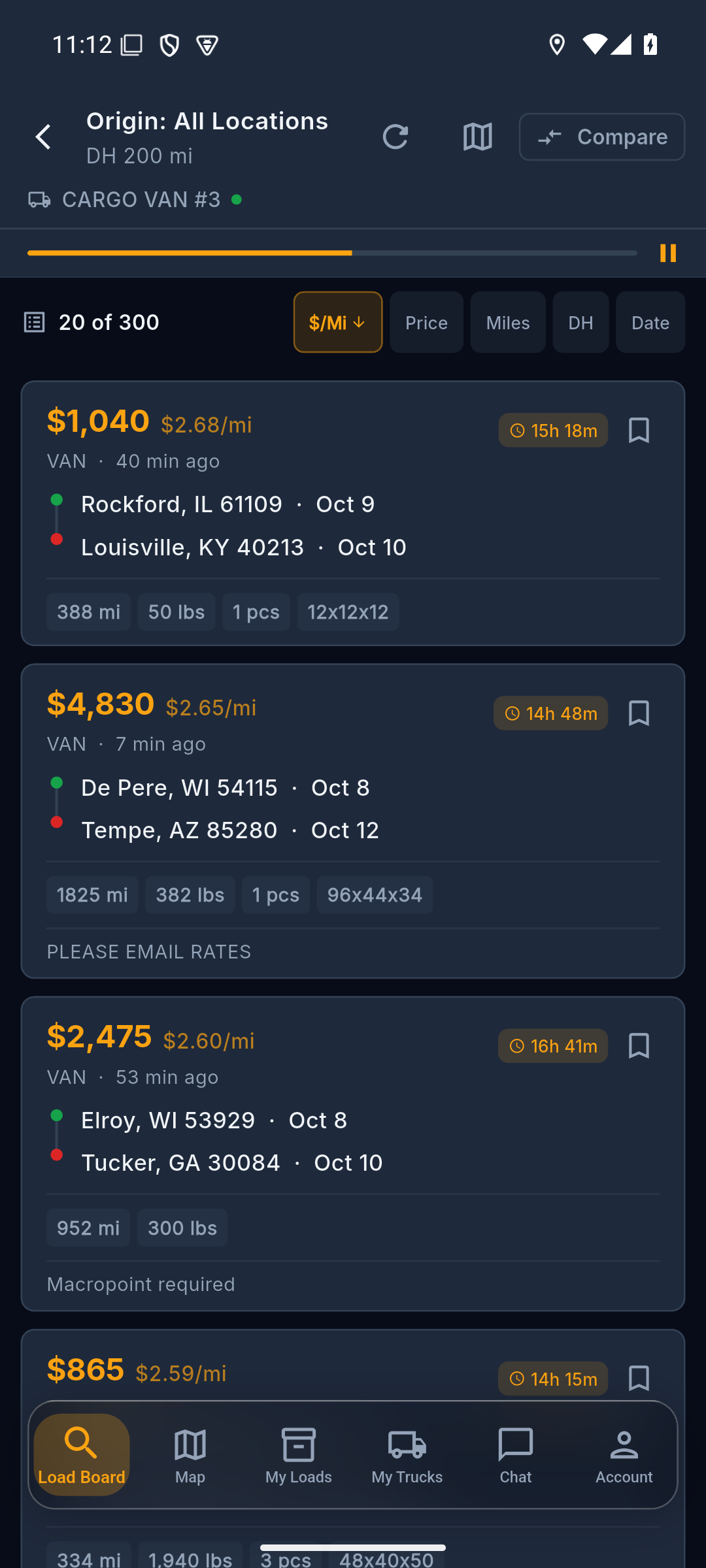 CargoAI Load Board — search freight by origin, truck type and deadhead